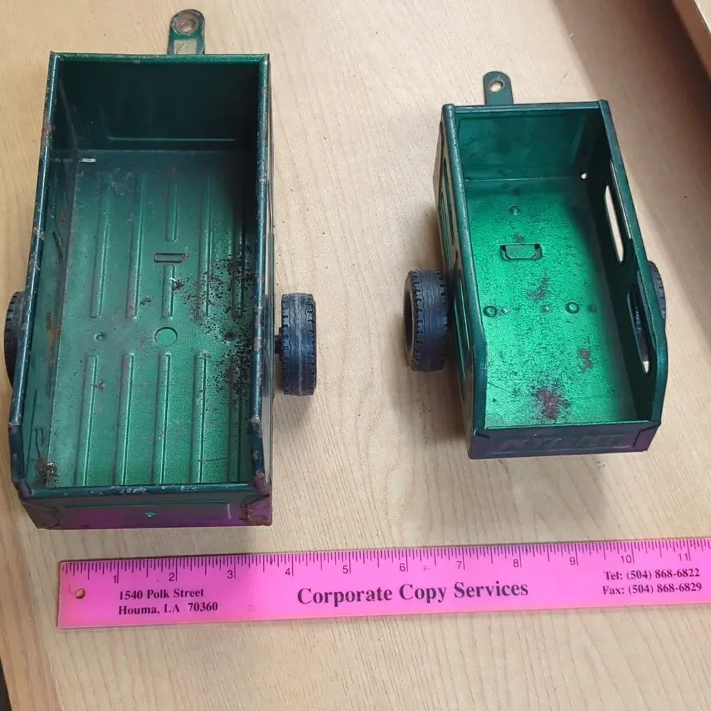 2- Vintage Metal Nylint Toy Wagon Trailer Metallic Green 6” x 3” w/ 2.75” Tongue